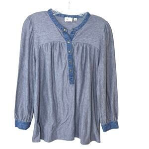 Anthropologie Postmark Chambray & Knit Henley Top Size Medium Blue 8/10